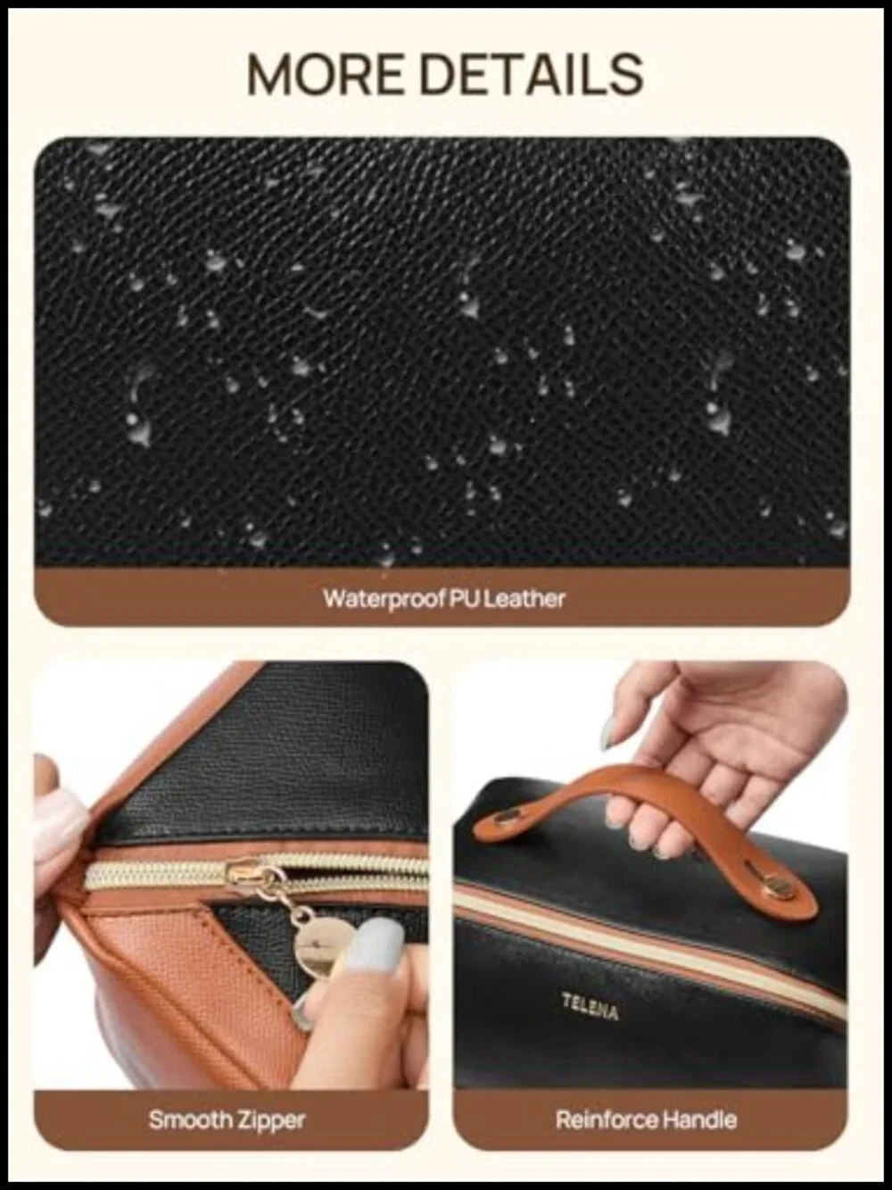 Water Resistant PU Leather Cosmetic Bag Travel Makeup Organizer Large Capacity